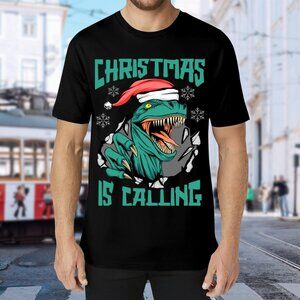 Brand New Christmas Is Calling Dinosaur Graphic Tee - Black